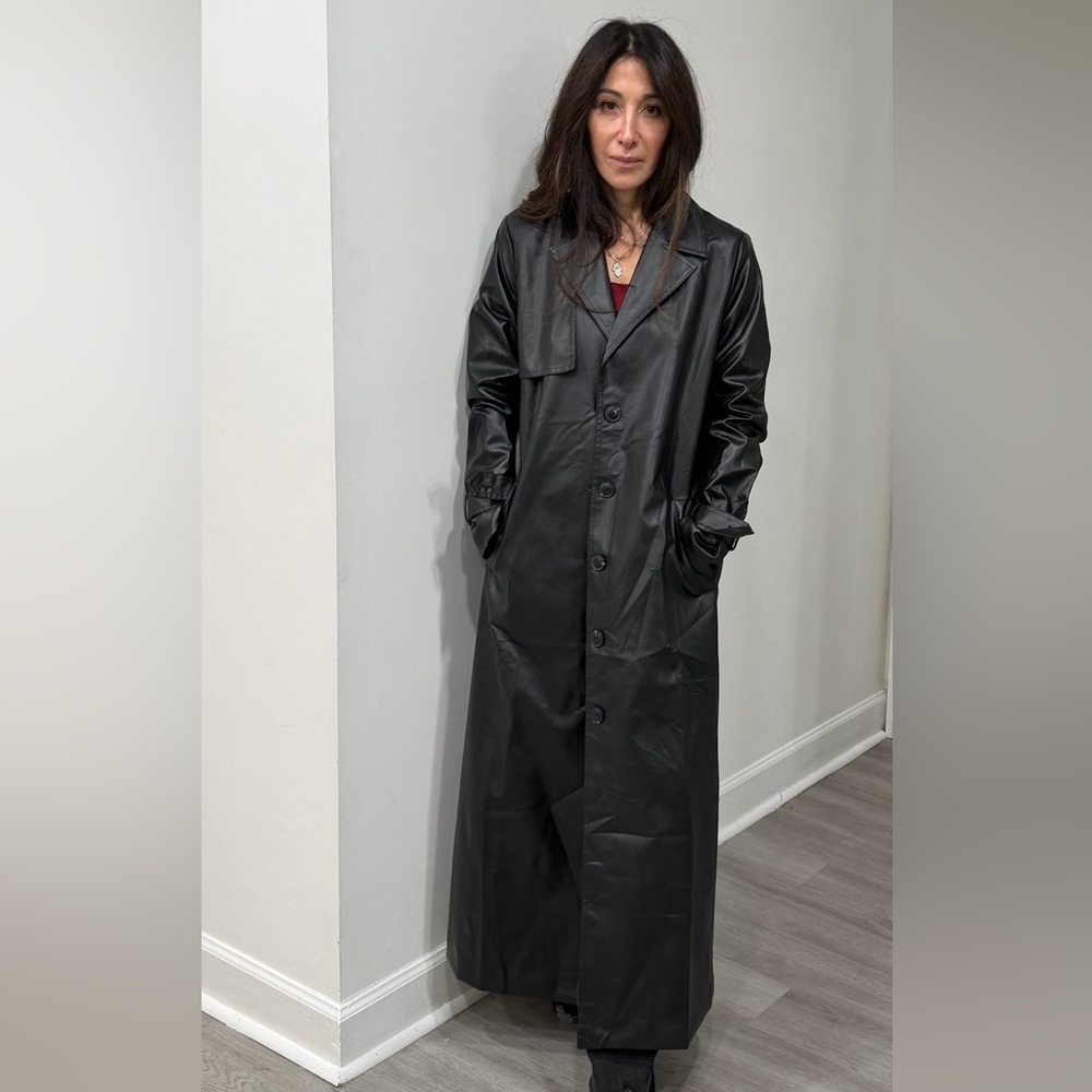 Black Fabulous Faux Leather Long Trench Coat - Picture 4 of 7